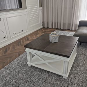 Hanley Hamton Style Coffee Table, Harringbone Parquetry Top, White base, two tone